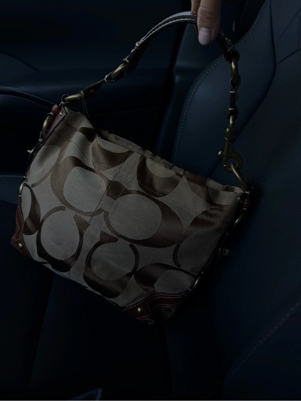 Coach Carly Signature Brown Khaki Jacquard Leather Shoulder Bag Y2K Boho